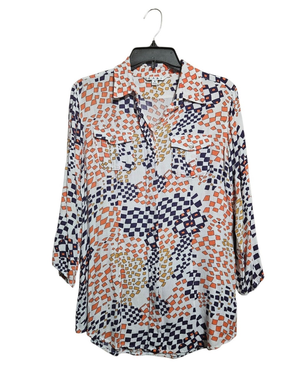 cAbi Prix Geo Over Print Multicolor Button Down Shirt With Pockets Size Small!